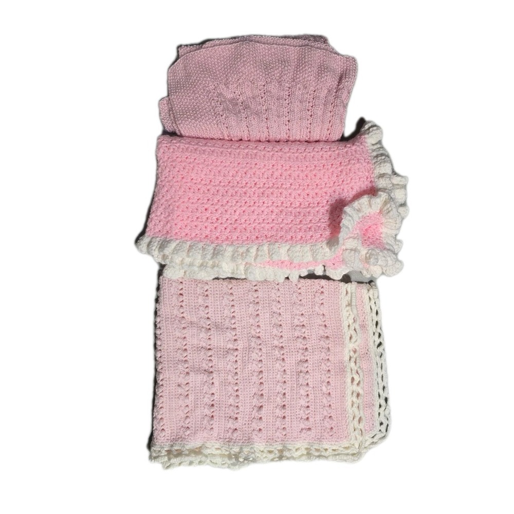 Handmade Cable  Knit Blanket Pink Girls 25x28‎ Lot Of 3